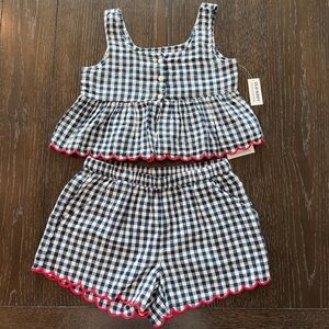 NWT Navy White Gingham Red Embroidered Hem 2 Piece Set Girls 10-12 Scalloped